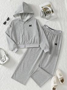 SHEIN Genkimix Kids 女童貓咪圖案拉鍊連帽外套與寬腿運動長褲2件套，休閒寬鬆運動休閒服 - 灰色 - 查看 6
