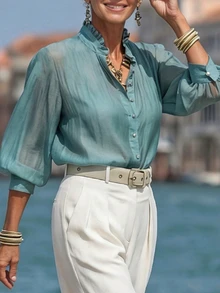 Linhara Plus Size Women's French Style Ruffle Collar Tencel Linen Shirt, Teal 3/4 Sleeve Blouse, Suitable For Commuting Vacation Brunch Office Summer Elegant - Teal Blue - View 4