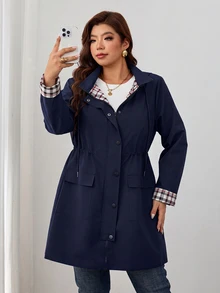 Reflora 大尺碼女款優雅夾克，秋冬女款夾克，長袖連帽鈕扣女款夾克，休閒外出女款夾克 - 藏蓝色 - 查看 5