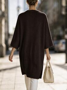 SHEIN Women's Solid Color 3/4 Sleeve Open Front Loose Knit Cardigan - Coffee Brown - View 2
