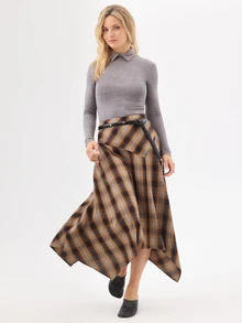 KÆRIA Hus Rok Midi Model Sapu Tangan Asimetris - Drape Warna Peach - Kotak-kotak Cokelat - Kotak-kotak, Gaya Barat, Era 90-an, Drape, Boho - Coklat - View 7
