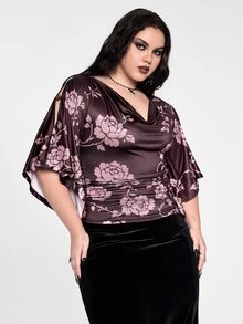 ROMWE Goth 大尺碼女款磚紅色花卉印花荷葉邊下擺飛袖上衣 - 酒紅色 - 查看 3