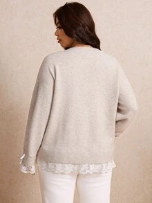 Elaquor Sweater Pullover Renda Ukuran Plus dengan Dekorasi Pita Manis - Krem - View 2