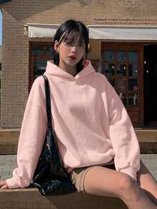 DAZY 連帽休閒保暖內裡素色中性寬鬆女款運動衫 - 粉色 - 查看 5