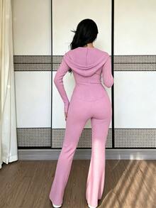 SHEIN Raffinéa 女款休閒時尚日常百搭連帽衛衣，收腰設計附口袋，搭配喇叭羅紋針織長褲，2件套，秋冬款 - 紫丁香色 - 查看 2