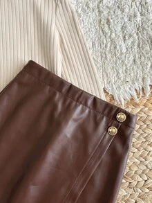 SHEIN Baby Girl Solid Color High Neck Long Sleeve T-Shirt And PU Leather Asymmetric Hem Skort Fashion Set - Brown - View 5