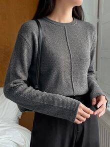 Dazy-Less 秋冬款寬鬆商務休閒辦公穿搭灰色拼接長袖女款T恤 - 灰色 - 查看 4
