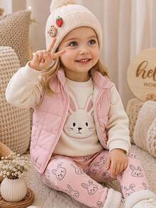 Cozy Pixies 3件組女嬰休閒舒適百搭可愛兔子刺繡圓領加厚抓絨棉背心外套附鬆緊腰長褲套裝，秋冬可愛滑雪、外出、日常、玩耍、假日穿搭 - 彩色 - 查看 9