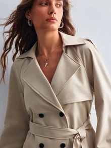Willow Rêve Women's Short Double-Breasted Long Sleeve Khaki Trench Coat - Khaki - View 6