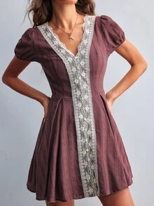 Willow Rêve Women's Lace Patchwork Brown Chiffon Mini Dress - Brown - View 4