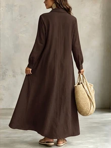 EMERY ROSE Plus Size Women's Autumn Fashion Casual Loose Everyday All-Match Versatile Small V-Neck Brown Batwing Sleeve Dress - Brown - View 2