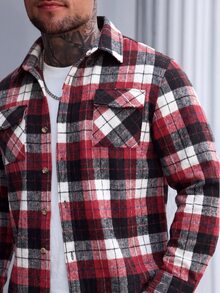 EGENSIO Men's Turn Collar Long Sleeve Casual Overcoat - Red and White - View 6