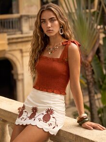 CAJUNI Tropical Vacation Chic Brown Shirring Top With Bow Straps - Rust Brown - View 6