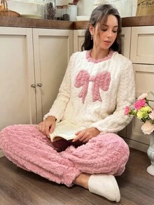 Snug Reverie Sweet Women's New Winter Thickened Fleece Cute Pajama Set - Pink - View 6