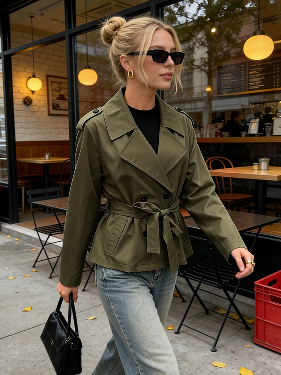SHEIN PariChic 女款秋冬基礎款鈕扣裝飾收腰長袖風衣外套 - 軍綠色 - 查看 1