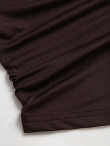 Sweetra New Casual Commute Minimalist Small Round Neck Waist-Flattering V-Hem Top And Wide Leg Pants Coffee Brown 2 Pieces Set - Coffee Brown - View 3