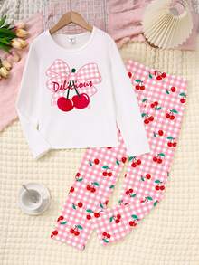 Girls' Long Sleeve Round Neck T-Shirt Top Loose Pants Pajama Set, Cute Rabbit Print Tie-Dye Milk Silk Nighties, Autumn Light Blue Striped Style - Multicolor - View 5