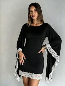 Selianne Women's Elegant Knitted Long Sleeve Bell Sleeve Lace Decor Dress - Black - View 7