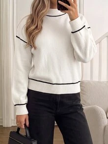 Easowa Sweater Lengan Panjang Kasual Harian Wanita dengan Motif Blok Warna - Putih - View 2