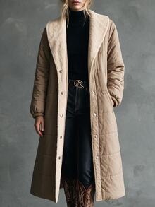Omancia Women's Autumn/Winter Casual Solid Color Long Lapel Minimalist Comfortable Style Suitable For Outings, Shopping, Walking, Daily Commute Padded Coat - Khaki - View 6