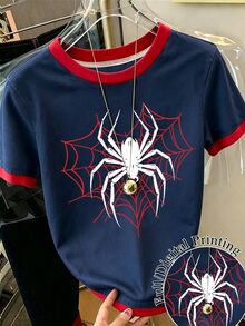 Resyla Women's Spider Web Print Crew Neck T-Shirt, Halloween T-Shirt, Casual Daily Summer Top - Navy Blue - View 1