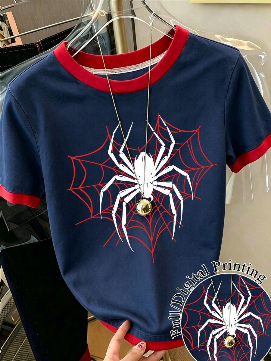 Resyla Women's Spider Web Print Crew Neck T-Shirt, Halloween T-Shirt, Casual Daily Summer Top - Navy Blue - View 1
