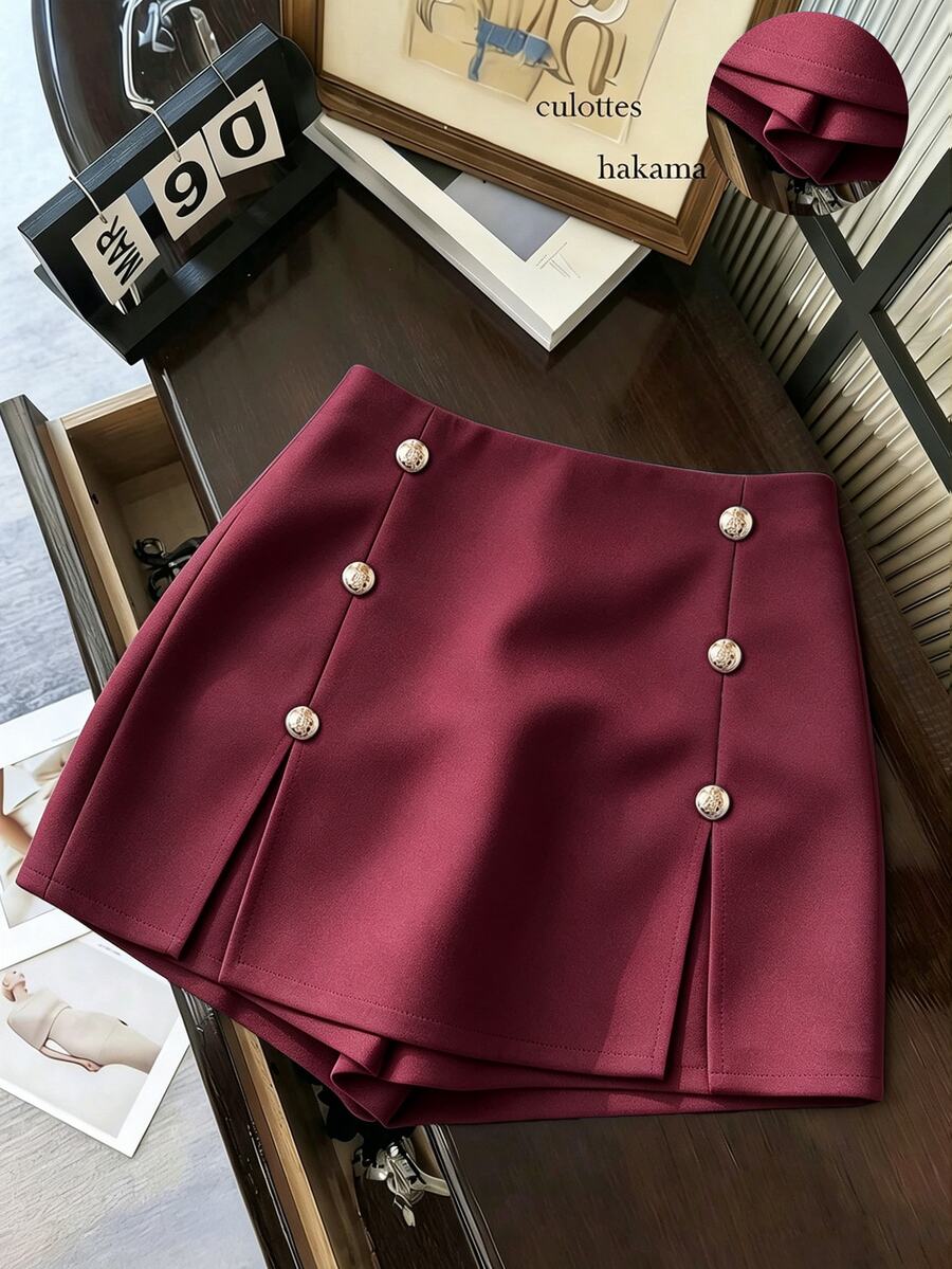 Franclia Women's Elegant Fashion Button Front Slit Skort - Burgundy - View 1