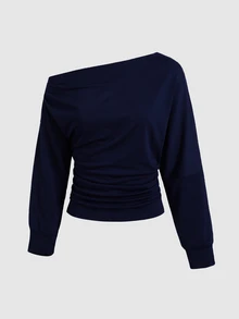 SHEIN 兒童青少年女孩純色百褶不對稱領長袖套頭衛衣 秋季款 萬聖節/聖誕派對穿搭 - 藏蓝色 - 查看 5