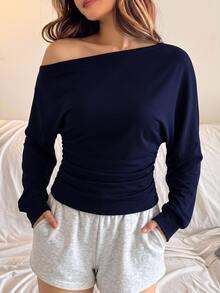 SHEIN 兒童青少年女孩純色百褶不對稱領長袖套頭衛衣 秋季款 萬聖節/聖誕派對穿搭 - 藏蓝色 - 查看 8
