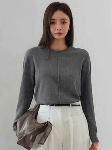 Dazy-Less 秋冬款寬鬆商務休閒辦公穿搭灰色拼接長袖女款T恤 - 灰色 - 查看 5
