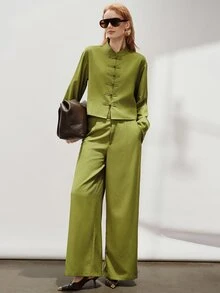 Aveloria Modichic New Chinese Style Frog Button Minimalist Elegant Relaxed Long Sleeve Wide Leg Pants 2 Pieces Set - Olive Green - View 6