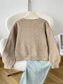 SHEIN 少女米色開襟衫，秋季休閒度假返校簡約舒適圓領長袖蝴蝶結少女冬季毛衣，波點 - 卡其色 - 查看 2