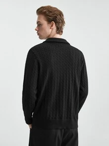 RONVEXI Men's Solid Color Long Sleeve Zip-Up Knit Cardigan - Black - View 3