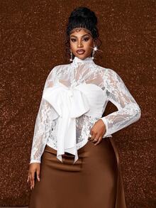 Maweii Sexy Style Hollow Lace Long Sleeve Satin Big Bow Strapless Layered Top T-Shirt - White - View 3