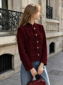 SHEIN PariChic 秋季新品柔軟鈕扣環飾通勤風波爾多紅法式復古立領長袖修身短版夾克 - 酒紅色 - 查看 5