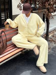 Muchica Plus Size V-Neck Long Sleeve Single-Breasted Top With Pocket And Solid Color Pants 2 Pieces Set - Yellow - View 3