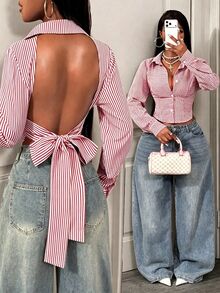 BamGleam Women's Striped Backless Tie-Knot Design Fashion Single-Breasted Shirt - Red - View 2