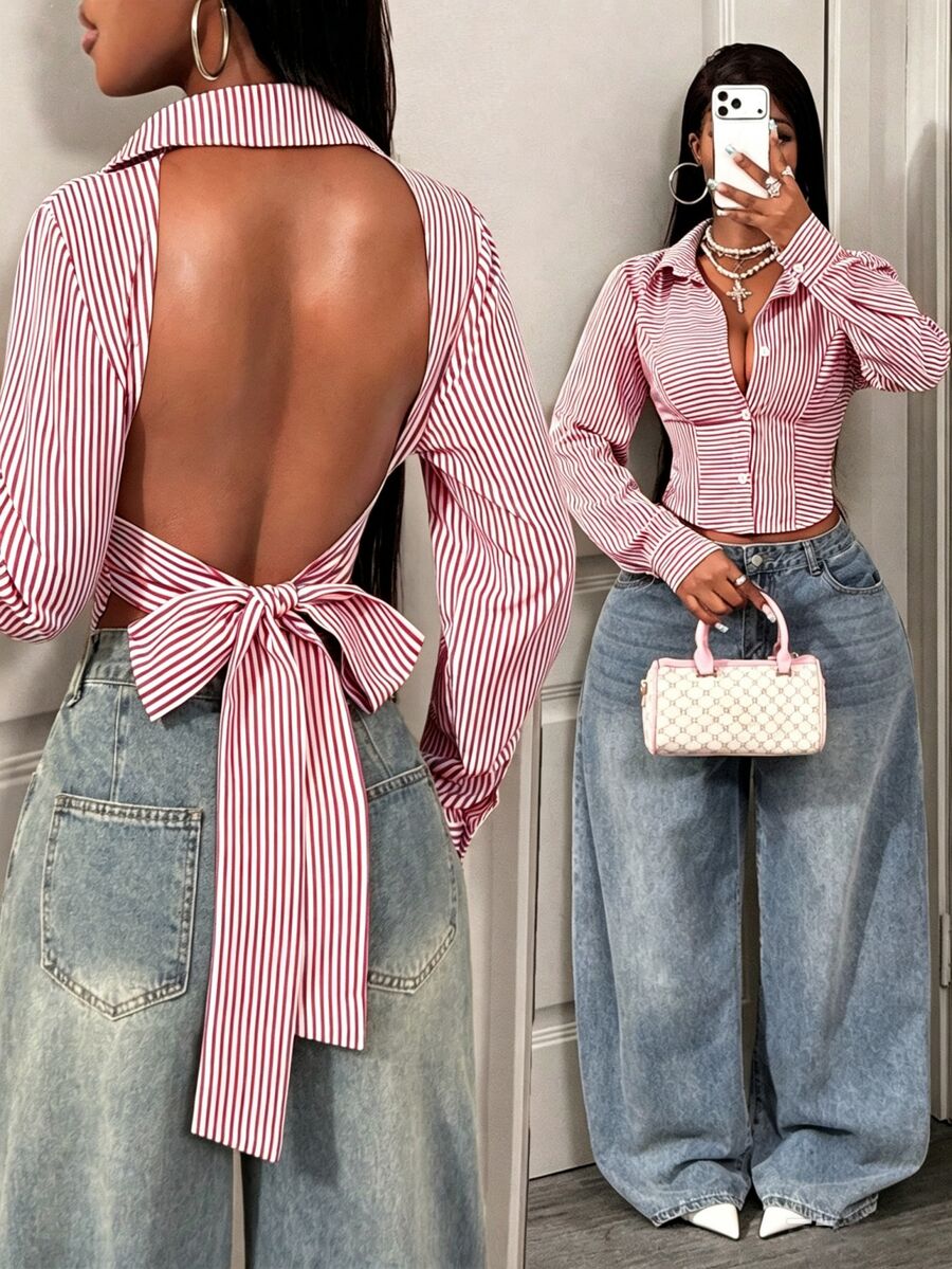 BamGleam Women's Striped Backless Tie-Knot Design Fashion Single-Breasted Shirt