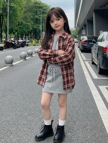 DAZY Tween Girl) Casual Long Sleeve Plaid Shirt With Collar, Basic Autumn Outerwear - Burgundy - View 5