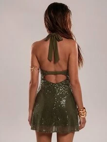 SHEIN BAE 秋冬橄欖綠掛脖亮片抓皺無袖金屬環貼身迷你短洋裝，感恩節派對夜生活穿搭 - 墨綠色 - 查看 2