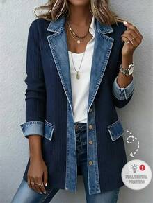 SHEIN Franclia Women's Fall Winter Denim Print Contrast Lapel Blazer Corduroy Woven Ribbed Long Sleeve Button Down Jacket With Pockets Casual Office Outerwear - Navy Blue - View 1