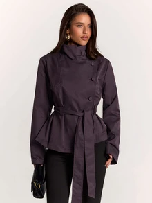 SHEIN BAE Women's Minimalist Button High Neck Long Sleeve Jacket Streetwear - Red Violet - View 5