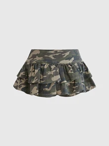 ROMWE Blue Vintage Y2K Millennium Style Ultra Low Waist Super Sexy Double Layer Ruffle Hem Mini Denim Skirt - Army Green - View 2