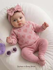 Cozy Pixies 新生兒嬰兒提花鈕扣長袖針織毛衣與收口針織長褲套裝 - 粉色 - 查看 9