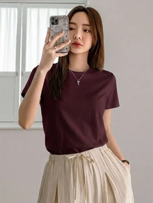 DAZY Women's Solid Color Round Neck Casual Versatile Short Sleeve T-Shirt - Burgundy - View 4