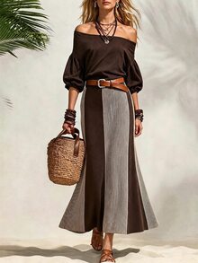 SHEIN Women Vintage ColorBlock Vertical Stripe Knit Maxi Skirt, Fall Winter New Arrival. Chic Brown Tone, Soft Knit Material. Perfect For Commuting, Daily, - Multicolor - View 4