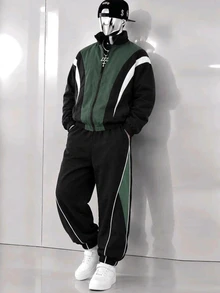 SHEIN 青少年男孩 2件組休閒拼色立領夾克外套與長褲，適合秋冬返校季 - 彩色 - 查看 1