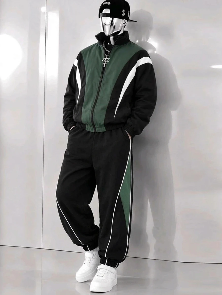 SHEIN 青少年男孩 2件組休閒拼色立領夾克外套與長褲,適合秋冬返校季 - 彩色 - 查看 1
