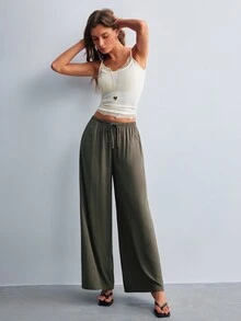 Willow Rêve Women's Loose Army Green Wide Leg Long Pants - Army Green - View 5