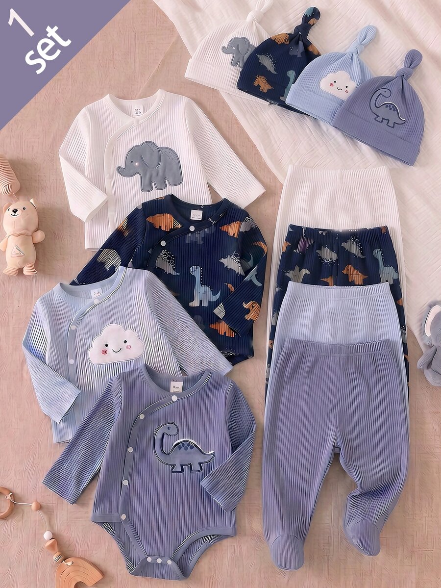 2件組新生兒居家服套裝,嬰兒恐龍刺繡2件套,春秋款羅紋長袖連身衣 + 腳套褲,男嬰分體套裝 - 彩色 - 查看 1